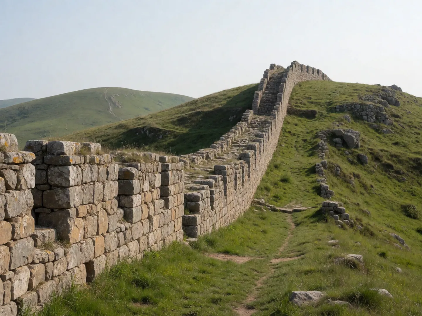 A row of weathered stone stretches of a Roman frontier wall running over green hills under a pale sky