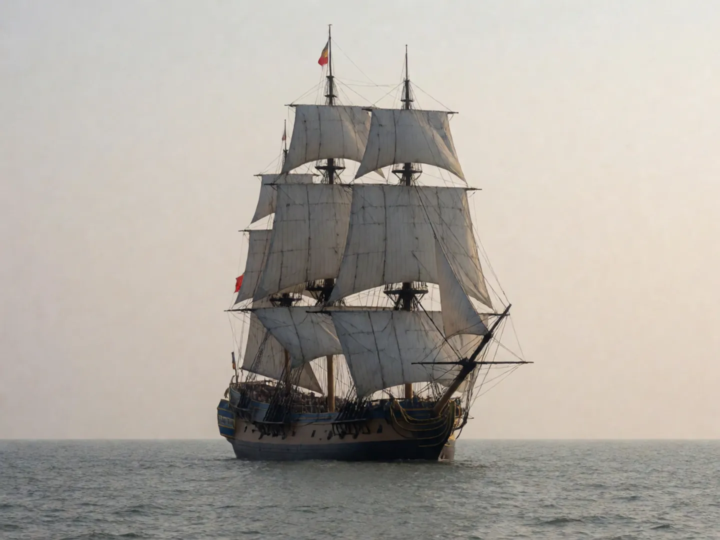 A tall sailing warship with full white sails on a calm grey sea, seen from a distance