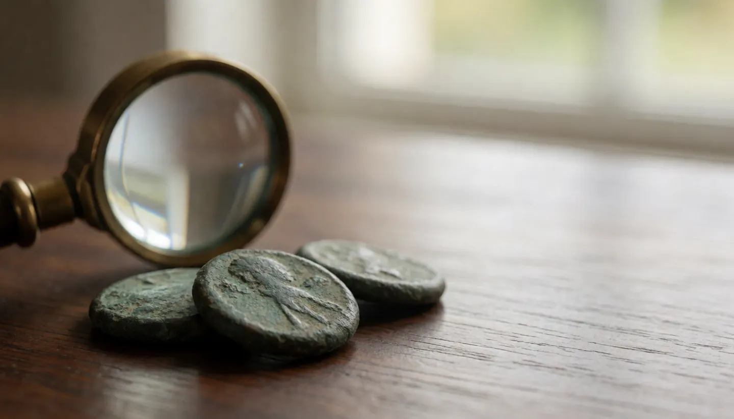 A scatter of worn old copper coins on a dark wooden table beside a magnifying glass, in soft window light